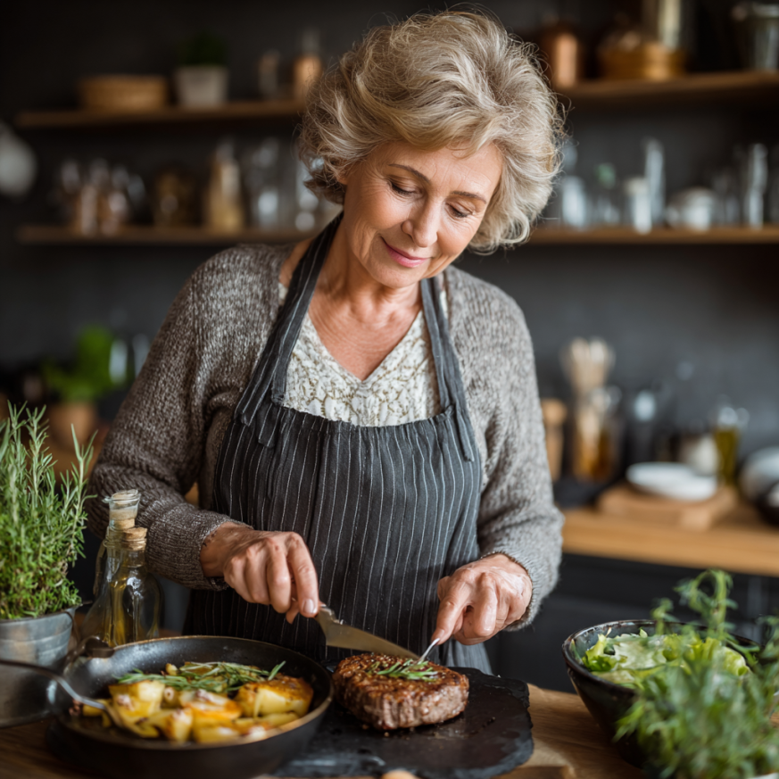 Активна літня пара готує здорову їжу разом